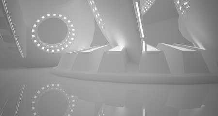 Abstract architectural background, white interior with discs.Neon lighting. 3D illustration and rendering.