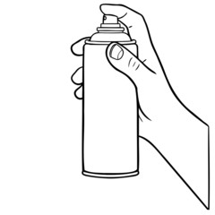 Vector illustration of a hand from the side holding a spray can. monochrome, isolated, grafitty, pest control, hairspray.