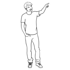 vector drawing of a colored young man, who points a finger in the air, has a hand in his pants and laughs. pointing, whole body, cool, white surface, illustration.