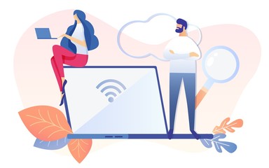 Cartoon Man with Magnifying Glass, Woman Sit on Notebook, Wi-fi Sign on Computer Screen Vector Illustration. Information Internet Search Concept. Seo Marketing Service Business Company