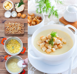 Collage of step-by-step preparation of mashed potato soup with homemade croutons, selective focus