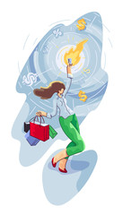 Happy Woman is Holding Shopping Bags and Credit Card. Paying and Buying on Black Friday Concept.