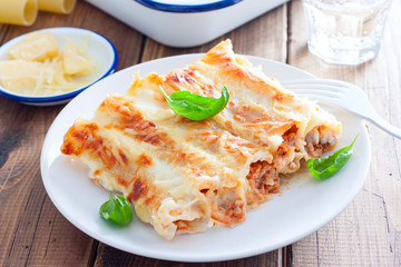 Baked cannelloni with minced meat with bechamel sauce, selective focus