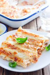 Baked cannelloni with minced meat with bechamel sauce, selective focus