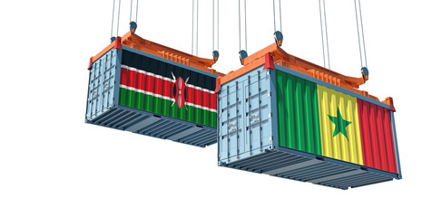 Freight container with Senegal and Kenya flag. Isolated on white for compositing.  3D Rendering