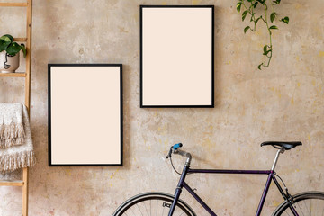 Interior design of man's room with stylish hipster bike, two poster mock up frames, plants, wooden ladder, books and elegant personal accessoreis. Grunge wall. Stylish home decor. Template. 