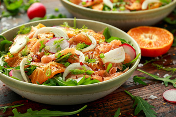 Smoked salmon and fennel salad wild rocket, radishes and sweet clementines