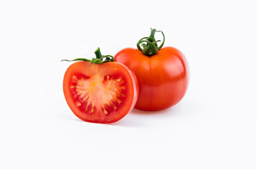One whole red fresh tomato and half isolated on white background as package design element
