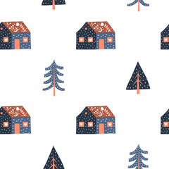 White seamless pattern with doodle houses, fir or pine trees and Nordic ornaments in Scandinavian folk art style.