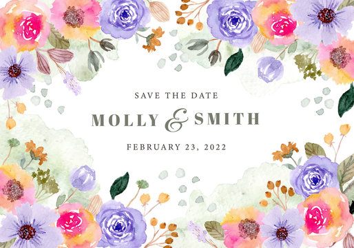 save the date with colorful floral and splash watercolor