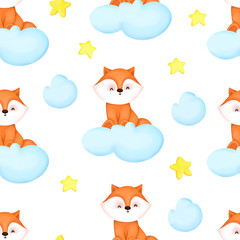 Cute childish seamless pattern. A fox on a cloud and around a star. Children's textiles, clothing and items for babies. Template invitation for a birthday or baby shower party. Kids print illustration