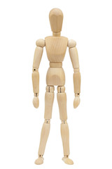 Wooden dummy man on white background	