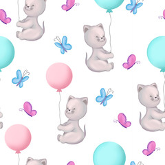 Cute childish seamless pattern. Nice kittiy with balloon and around butterflies. Children's textiles, clothing and items for babies. Template invitation for a birthday or baby shower party. 