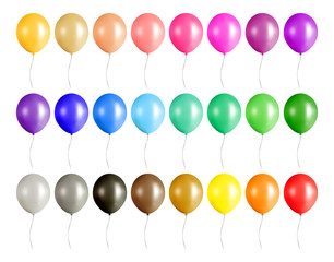 Big set of colorful shiny realistic helium balloons isolated on white background.