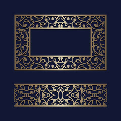 Gold rectangle frame and seamless border pattern. Ornamental golden decoration on dark blue background. Vintage template for laser cutting. Elegant ornament for invitation card design. 