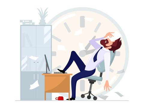 Businessman sitting leaning back in office chair with his foot on computer desk and covering his eyes with document. Stress, depression, laziness, job burnout at workplace. Cartoon vector illustration
