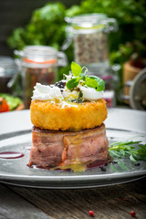 Grilled bbq steak wrapped in prosciutto