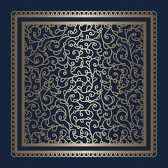 Square gold tile with floral swirls pattern and square frame, vintage golden ornamental panel on dark blue background, elegant template for laser cutting