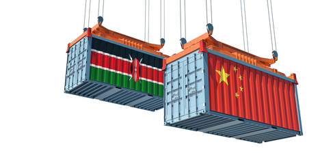 Freight container with China and Kenya flag. Isolated on white for compositing. 3D Rendering