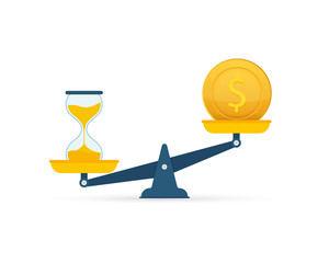 Time is money on scales icon. Money and time balance on scale. Vector stock illustration.