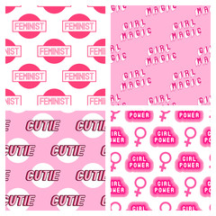 Set of 4 feminist seamless patterns. Pink feminine vector backgrounds with Venus symbols and text patches: "Girl magic", "Girl power", etc.	