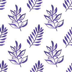 Seamless pattern with leaves. Watercolor violet branches isolated on a white background