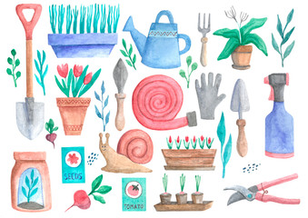 Garden set: tools, pots with plants, seedlings, seeds, watering can, sprayer, shovel, garden hose, gloves, fertilizers. Watercolor elements isolated on a white background