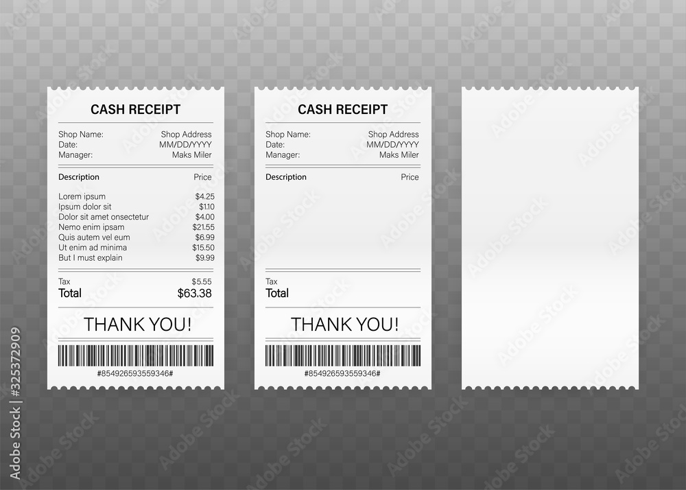 Poster Receipts of realistic payment paper bills for cash or credit card transaction. Vector stock illustration.