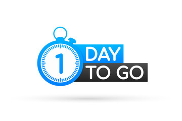 One day to go label, red flat with alarm clock, promotion icon. Vector stock illustration.