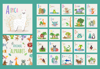 Alphabet of animals. Cute animals with latin letters on a white background. Set of 26 animals. Colorful vector illustration.