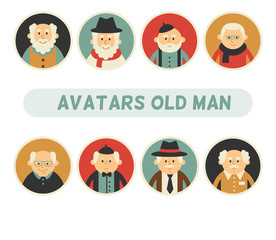 Vector set of different old man with gray hair app icons in flat style.