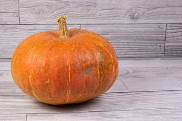 Pumpkin lies on a wooden table against a wooden wall