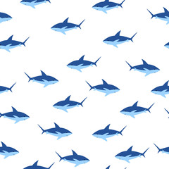 Vector sea animal wild. Seamless pattern with sharks on white background. Vector colorful illustration. Adorable character for cards, wallpaper, textile, fabric. Flat style.