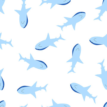 Vector sea animal wild. Seamless pattern with sharks on white background. Vector colorful illustration. Adorable character for cards, wallpaper, textile, fabric. Flat style.
