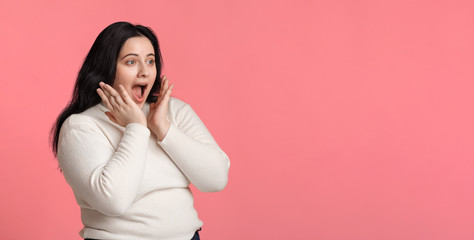 Excited Overweight Girl Shouting At Copy Space Over Pink Background