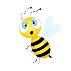 Cartoon cute bee mascot. A surprised bee flies. Vector character. Insect icon. Template design for invitation, cards, wallpaper, kindergarten. Doodle style. 