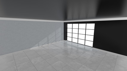 Empty room with brick wall and stained glass windows. 3D rendering.