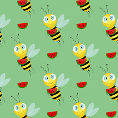 Seamless pattern with bee and watermelon on green background. Vector illustration. Adorable cartoon character. Template design for invitation, cards, textile, fabric. Doodle style. 