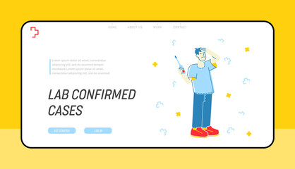 Contagious, Flu and Cold Illness Website Landing Page. Sick Man Having Fever Hold Thermometer and Suffering of Virus Infection Symptoms Web Page Banner. Cartoon Flat Vector Illustration, Line Art