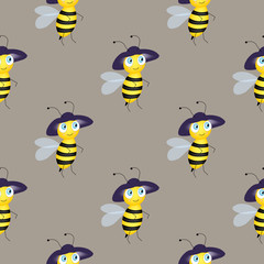 Seamless pattern with bees on grey background. Vector illustration. Adorable cartoon character. Template design for invitation, cards, textile, fabric. Doodle style. Bee with candy. Bee in a hat.