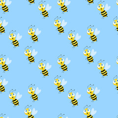 Seamless pattern with bees on blue background. Vector illustration. Adorable cartoon character. Template design for invitation, cards, textile, fabric. Doodle style.