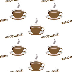 Abstract seamless pattern with cute cups of coffee and lettering. Template decorative design for invitation, poster, card, flyer, banner, cafeteria. 