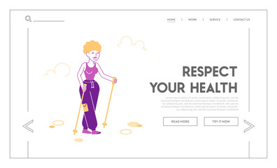Lady Sports Activity Trekking Routing Website Landing Page. Woman Healthy Lifestyle, Outdoors Sport, with Scandinavian Nordic Walking Sticks Web Page Banner. Cartoon Flat Vector Illustration, Line Art