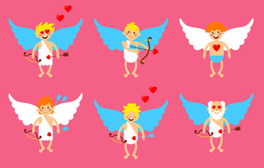 Cupid mascot in various positions.