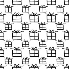 Holiday seamless pattern with present on white background. Vector illustration for Birthday, Merry Christmas, New year. Template design for invitation, poster, card, fabric, textile. Doodle style.
