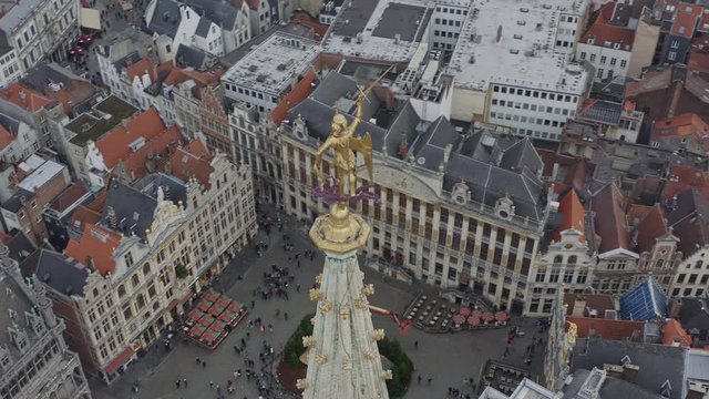 Brussels Belgium Aerial v7 Birdseye view flying around Saint Michel statue in Grand Place - December 2019
