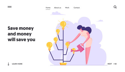 Brainstorm Insight Harvesting Process Website Landing Page. Businesswoman Watering Idea Tree with Glowing Light Bulbs. Startup Creative Project Web Page Banner. Cartoon Flat Vector Illustration