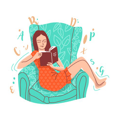 A girl sits on an armchair and reads a book. 
