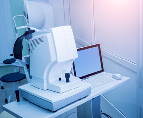 The ophtalmology medical equipment. Eyes examination. Modern device in clinic