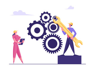 Team Work Cooperation in Gears Mechanism. Businesspeople Engaged in Business Direction to Successful Path Move Huge Cogwheel Machine Man Technician Support Hold Wrench Cartoon Flat Vector Illustration